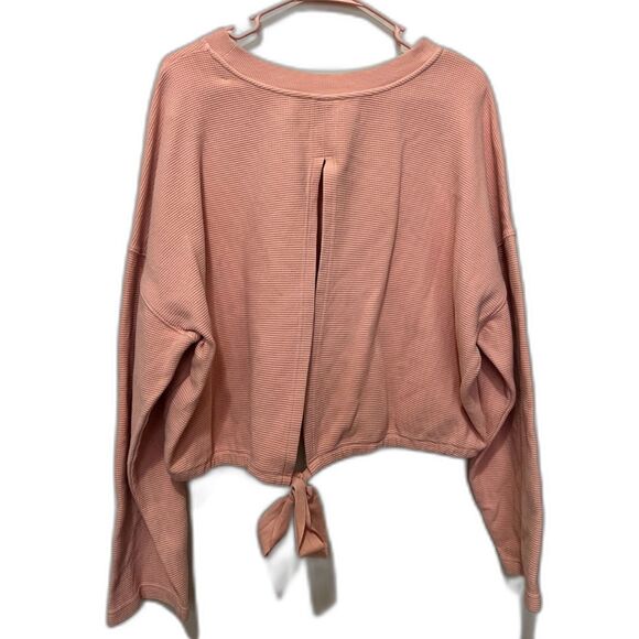 Fabletics 100% Cotton Long Sleeve Top Large Pink Tie Open Back Waffle Knit - Picture 2 of 5